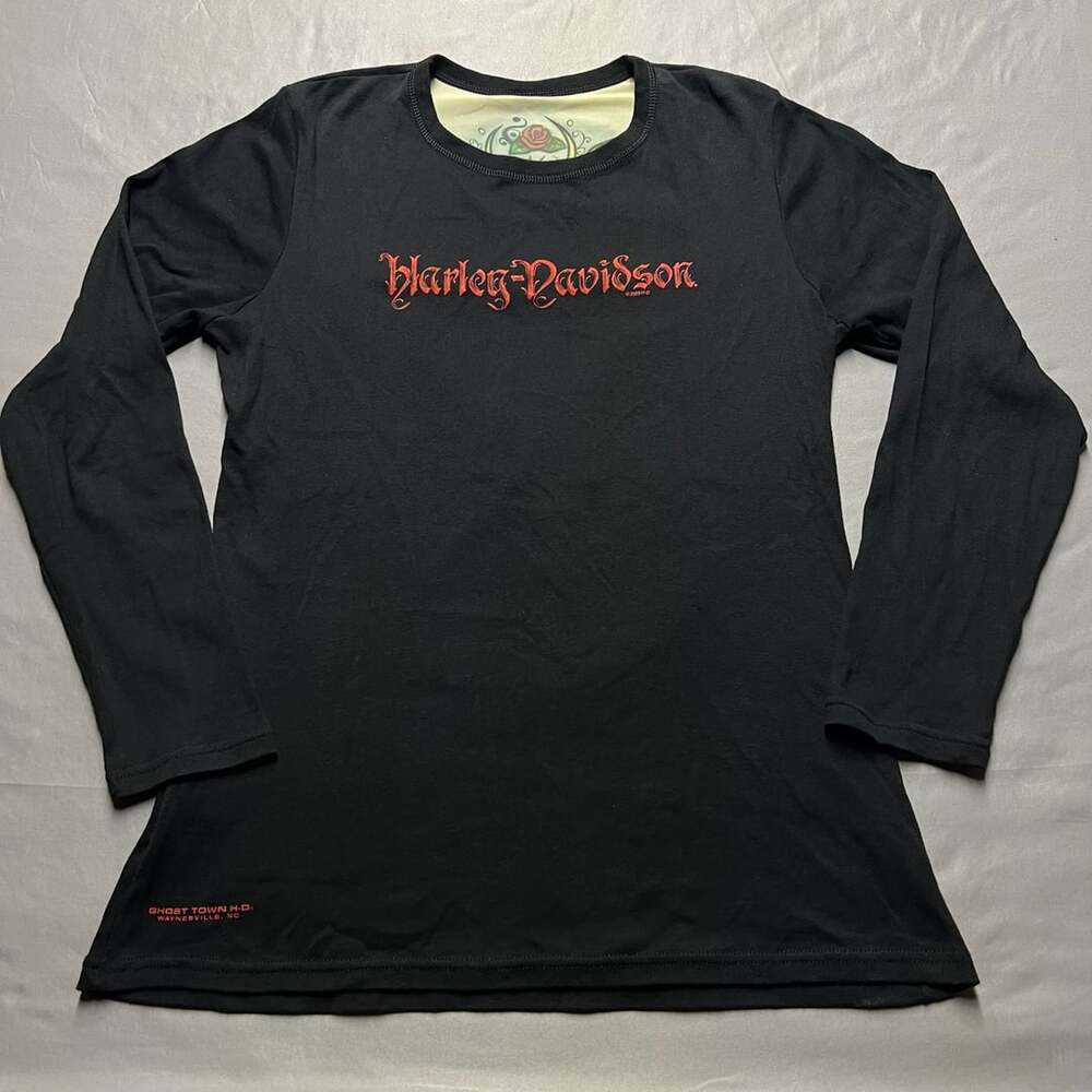 Harley-Davidson Ghost Town H-D Waynesville NC Long Sleeve Black Top tattoo y2k